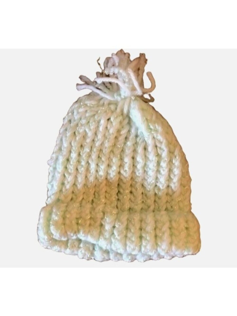 Handmade white knitted beanie hat light green fringe 5x5" READ new
